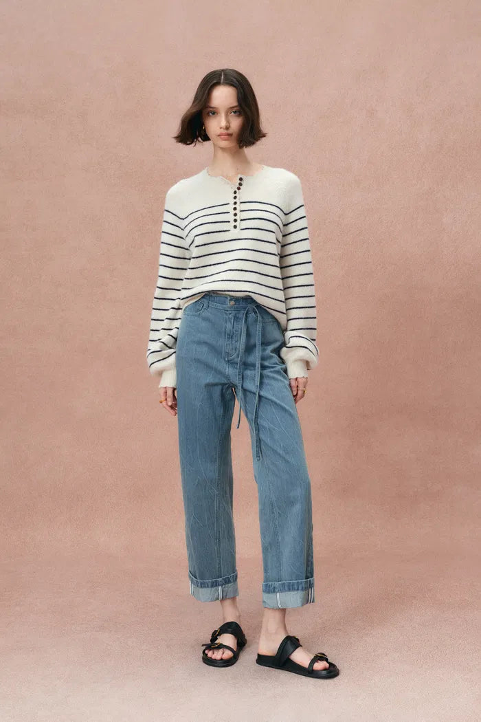 Zoe Raw Edge Waistband Straight Leg Jeans in Cotton Denim