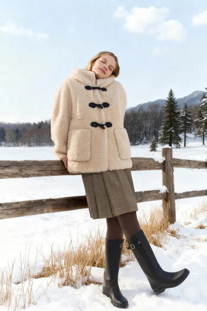 Cora Horn Button Hooded Jacket in 100% Merino Teddy Shearling