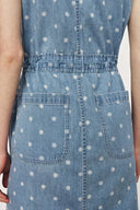 Vestido sin mangas con cintura ajustable de lunares descoloridos de junio en mezclilla ligera de algodón