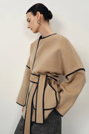 Manteau en laine double face avec garniture cuir Lycoris en mérinos cachemire