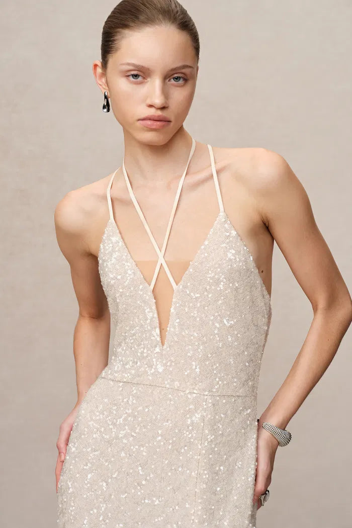 Anita Handcrafted Embellishment Slit Slip Dress in Crystal Sequin Lace - XS Anita Handcrafted Embellishment Slit Slip Dress in Crystal Sequin Lace - XS