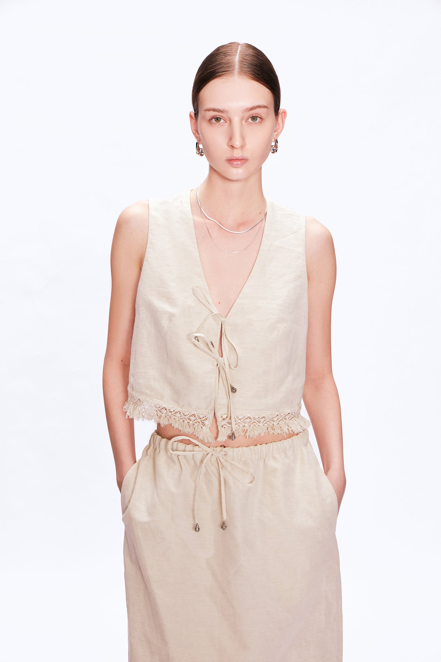Velia Handcrafted Tassel Vest and Skirt Set in Linen Blend