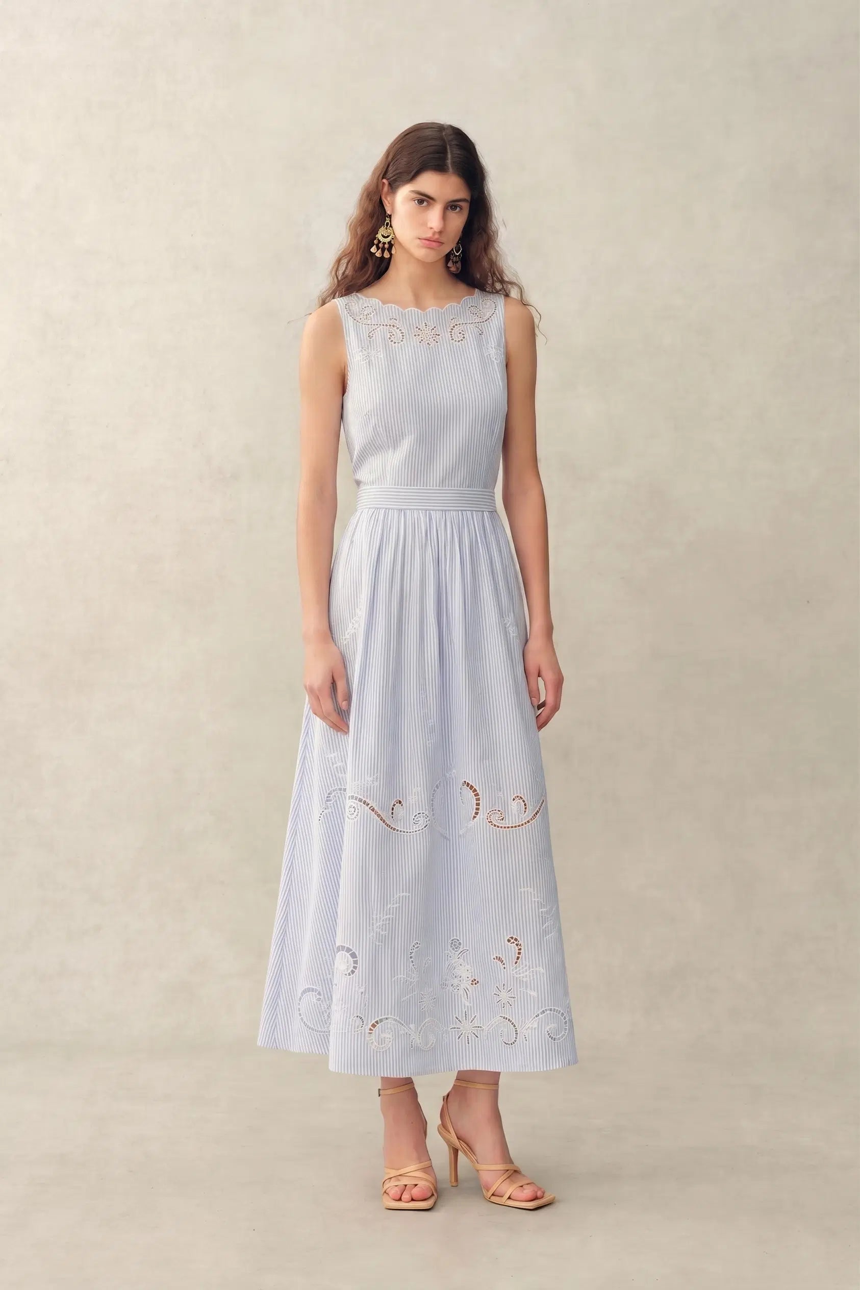 Gracie Striped Embroidered Open-back Sleeveless Dress in Crinkled Cotton L