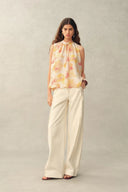 Charlotte Handpainted Floral Neck Tie Sleeveless Blouse in Silk Double Crepe