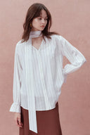 Karo Neck Tie Striped Long Sleeve Blouse in Silk Crepe