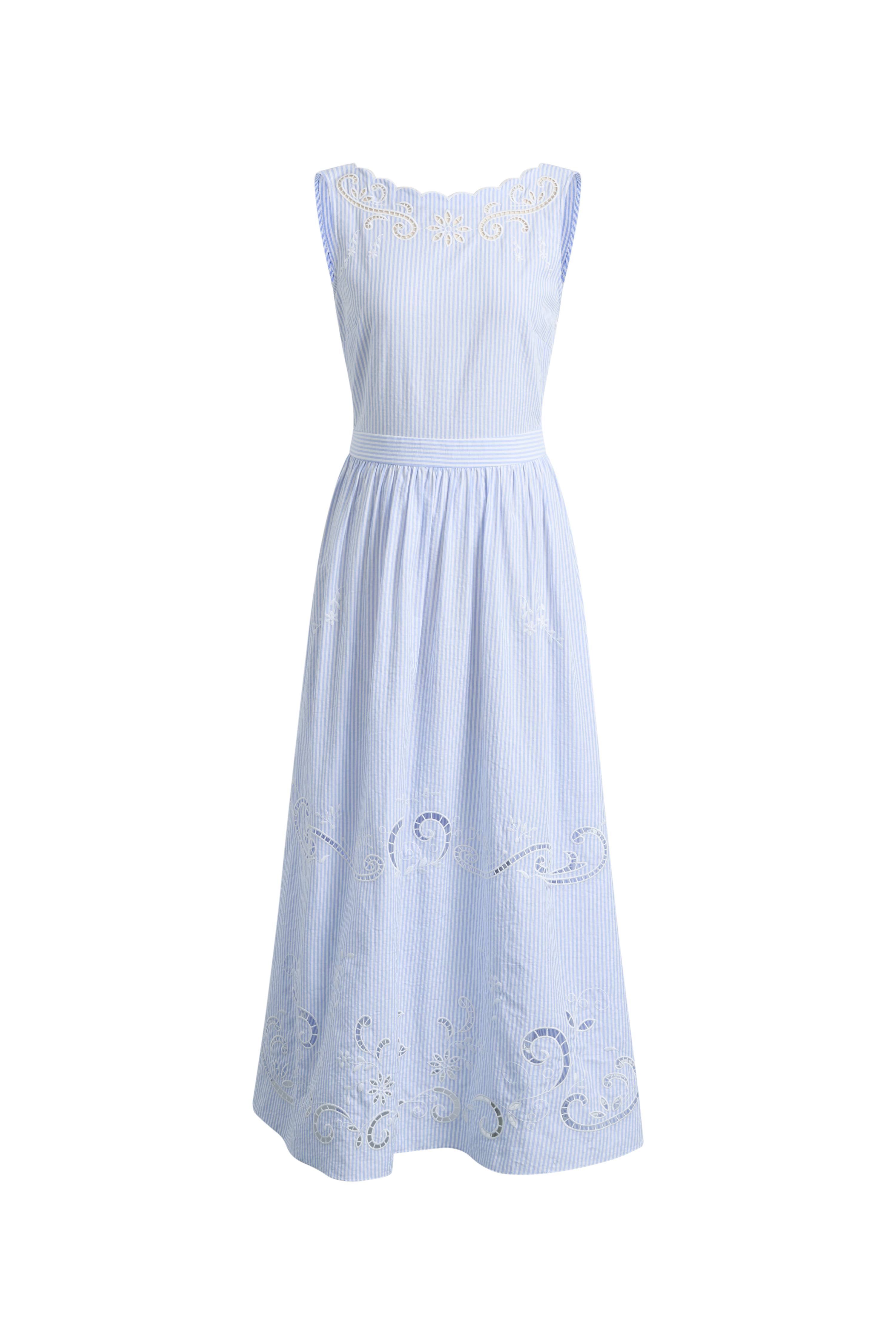 Gracie Striped Embroidered Open-back Sleeveless Dress in Crinkled Cotton L Gracie Striped Embroidered Open-back Sleeveless Dress in Crinkled Cotton L