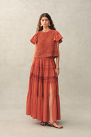 Kalia Lace Embroidery Pleated Cap Sleeve Top and Maxi Slit Skirt Set in Cotton Jacquard