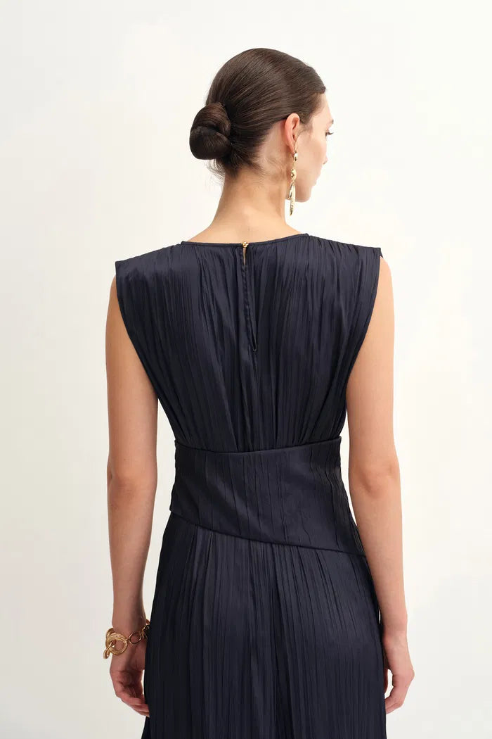 Celeste Sleeveless Navy Dress in Pleated Satin