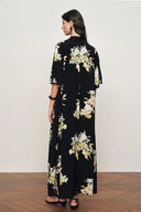 Aria Floral Tie Neck Elbow Sleeve Dress in Light Crinkle Gauze
