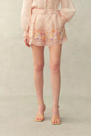 Lillian Handpainted Floral Embroidery Sheer Ombré Print Blouse and Shorts Set in Silk Linen Organza
