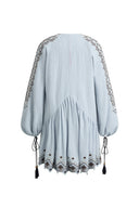 Bohdi Boho Embroidery Crewneck Puff Sleeve Dress in Cotton Crinkle Gauze