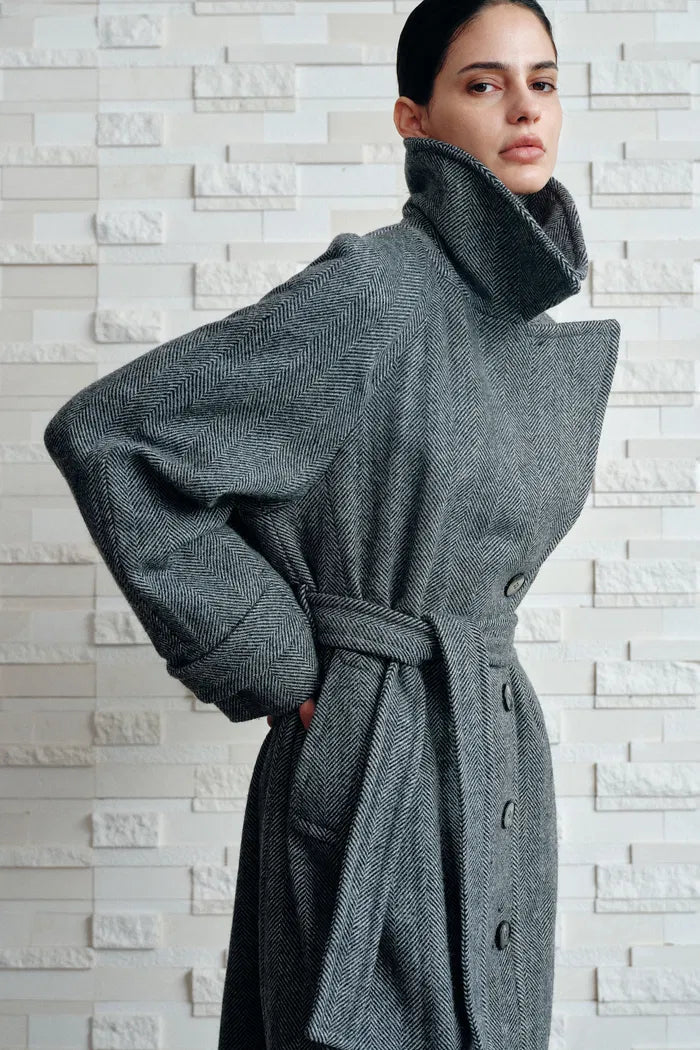 Delia Herringbone Trench Style Coat in Lightweight Merino Wool