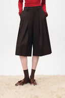 Yuri Brown Wide Pleated Cropped Culottes in Wool Blend