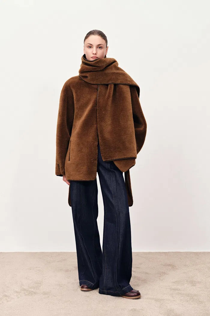 Carla Reversible Scarf Short Fur Coat in Merino Wool with Faux
