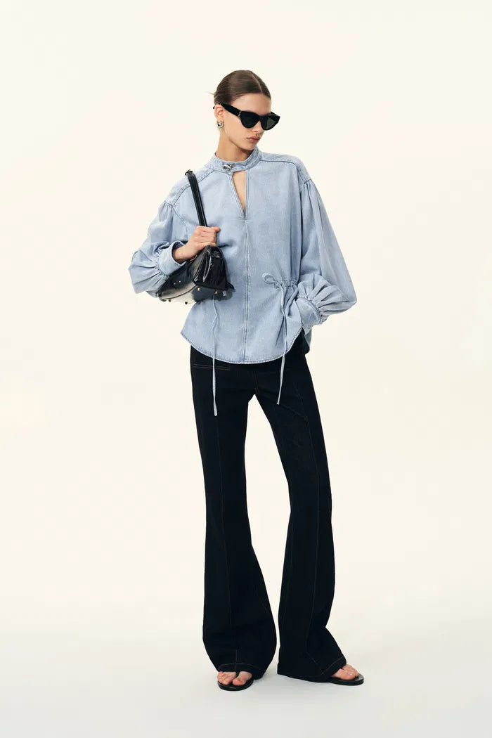 Aurore Button Collar Drawstring Lantern Sleeve Blouse in Cotton-Linen Denim
