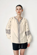 Olivia Boho Embroidered Long Sleeve Blouse Top in Premium Silk-Cotton