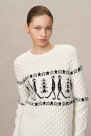 Star Walker White Fair Isle Pullover in Wool Pom-Pom Yarn Knit