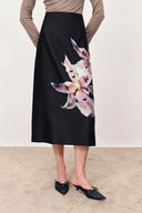 Miltonia Hand Painted Straight Skirt in Silk-Wool Satin
