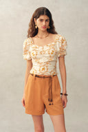 Winnie Floral Embroidery Ruched Puff Sleeve Top in Linen Blend
