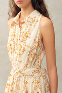 Wendy Floral Embroidery Belted Sleeveless Dress in Linen Blend