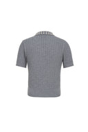 Grey silk-wool blend short-sleeve cardigan with ribbed texture and pearl-embellished collar, back view