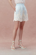 Paz Blue Embroidered Shorts in Silk-Linen Blend