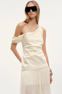 Aura One Shoulder Ruched Pleated Maxi Dress in Mulberry Silk