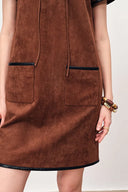 Nevaeh Hand Applied Contrast Leather Trim Short Dress in Ultrasuede