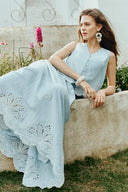 Yori Floral Embroidery V Neck Sleeveless Top and Skirt Set in Linen Blend