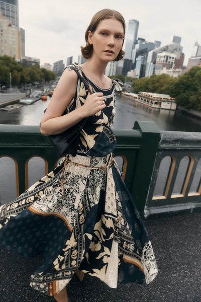 Calista Scarf Panel Draped Sleeveless Dress in Viscose – fbrq.com