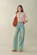 Blusa Yori con estampado floral pintado a mano, transparente, con mangas abullonadas y cuentas, en mezcla de seda y lino