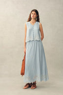 Yori Floral Embroidery V Neck Sleeveless Top and Skirt Set in Linen Blend
