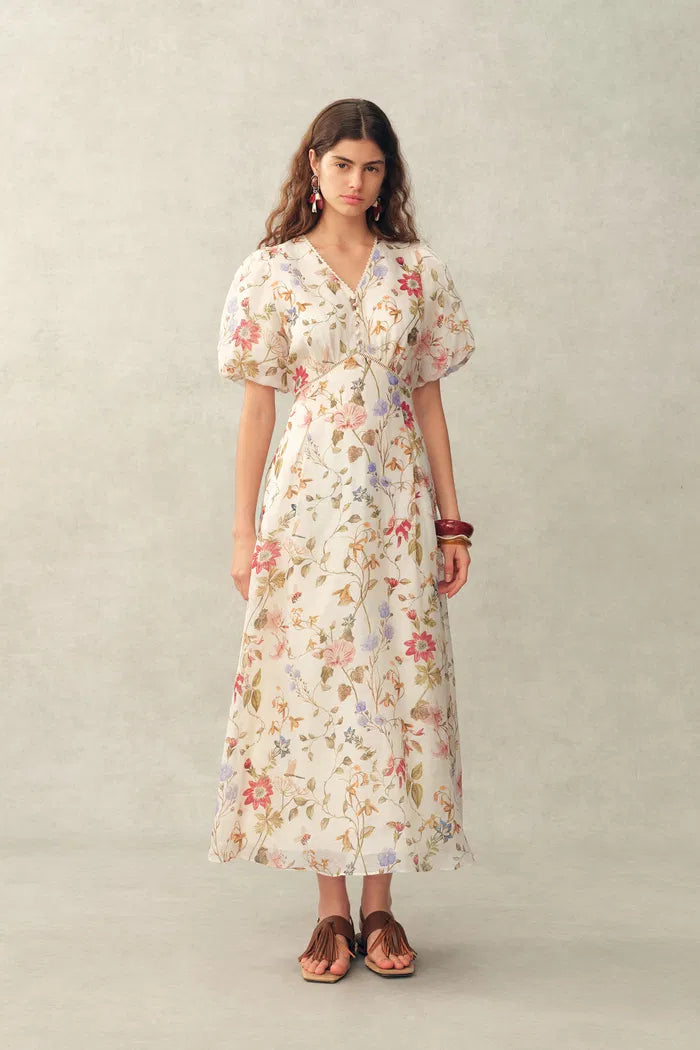 floral silk dress with sleeves Alchemy Floral Long Sleeve Linen & Silk Maxi Dress