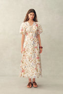 Vestido Willa con estampado floral, escote en V y mangas abullonadas en organza de lino y seda