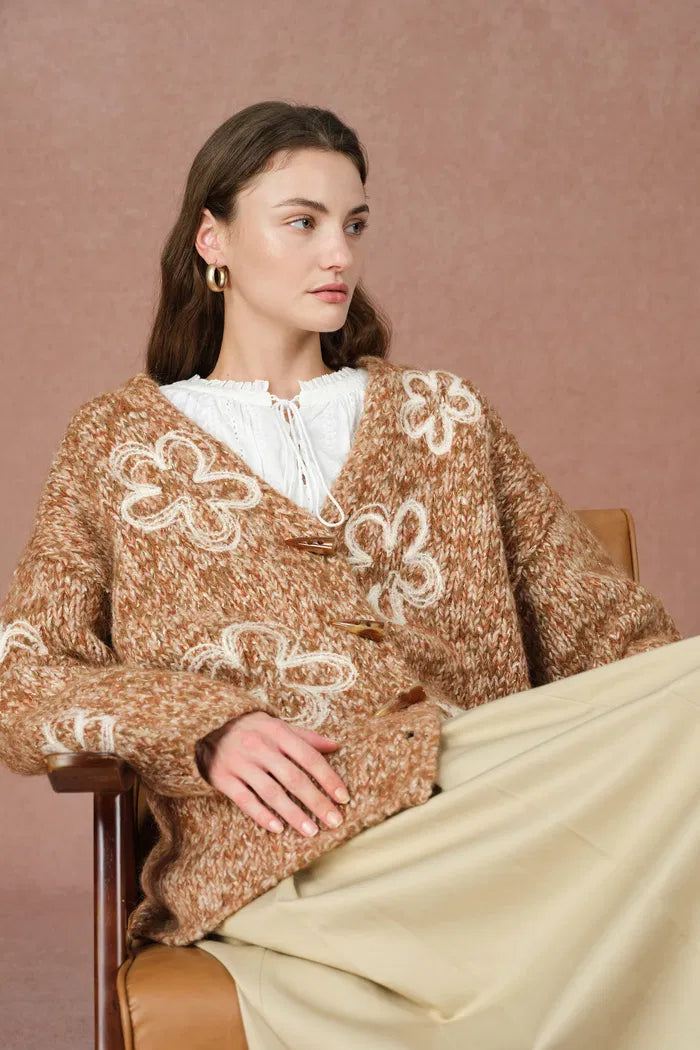 Ayanna Floral Embroidered Cardigan in Merino Wool Multi-Yarn