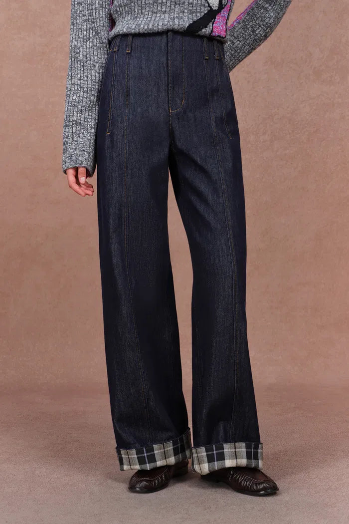 Léa Cuffed Contrast Plaid Denim Jeans in Raw Denim