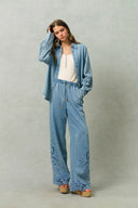 Vinetta Curved Button Placket Floral Embroidered Shirt in Cotton Linen Denim