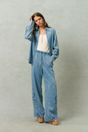Vinetta Curved Button Placket Floral Embroidered Shirt in Cotton Linen Denim