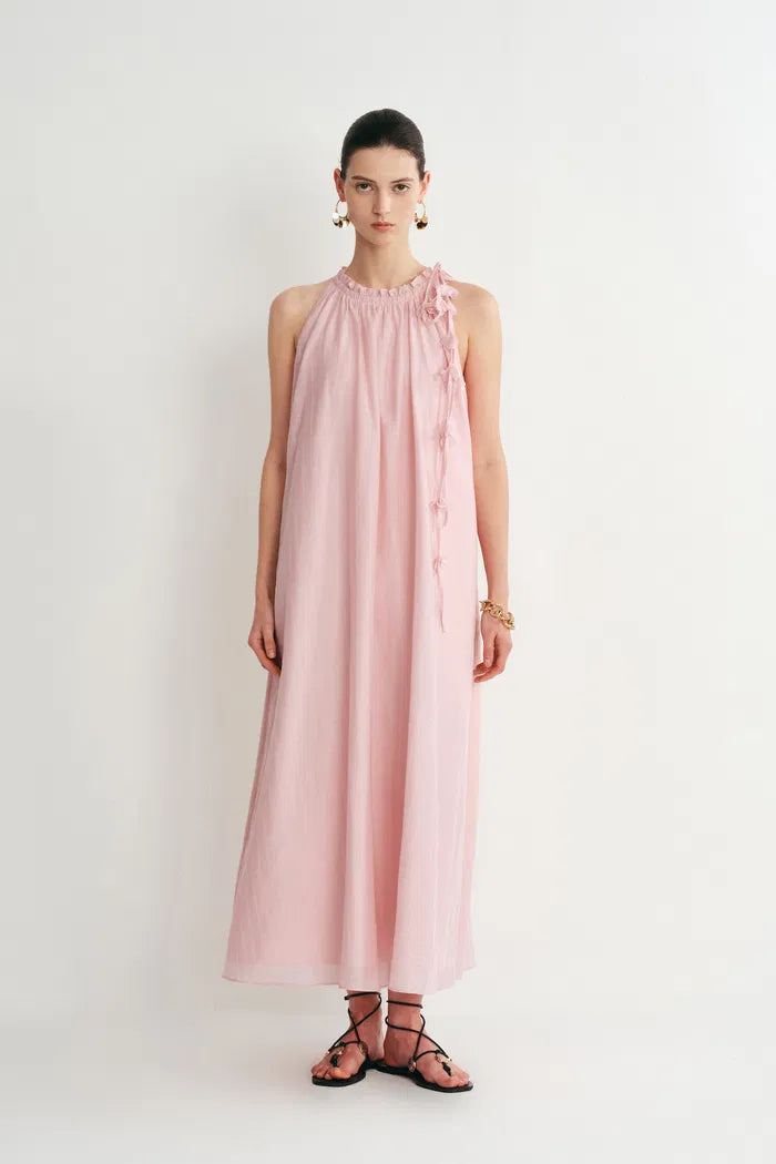 Alice Pink Hand Flora Sleeveless Dress in Acetate-Linen Blend