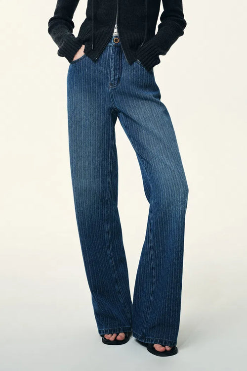 Liora Vertical Striped Straight Leg Jeans in Herringbone Denim