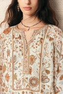 Blusa Vila con maniche a sbuffo floreale ispirata alla Persia in misto cupro
