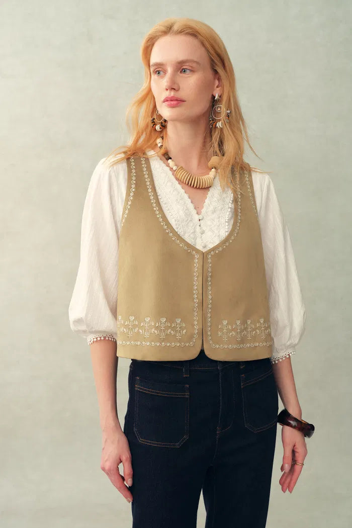 Vestsue Faux Embroidered Suede Sleeveless Vest Top