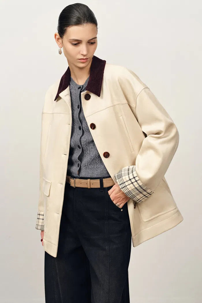 Riley Detachable Lining Corduroy Collar Jacket in Faux Suede
