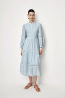 Eloise Cutwork Embroidery Long Puff Sleeve Dress in Fine-Pleated Viscose Blend