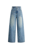 Lulia Jeans mit geradem Bein und handperlenverzierten Regentropfen aus Baumwoll-Denim