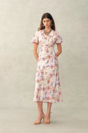 Coco Handpainted Floral Puff Sleeve Cinched Dress in Crinkle Gauze