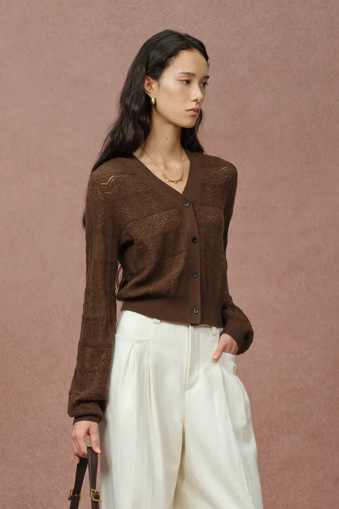 Faye V Neck Cropped Hand Crochet Knit Cardigan in Merino Cashmere Knit