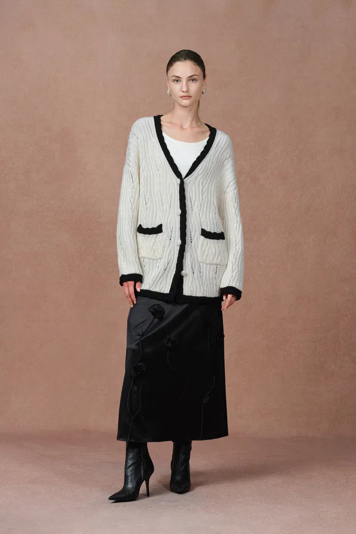 Prela Contrast Trimmed Knit Cardigan in Merino Wool