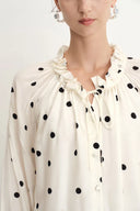 Kari Ruffle Neckline  Polka Dot Blouse in Silk Satin