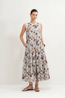 Sabrina Ruffle Hand Painted Flora Print Dress in Silk Cotton